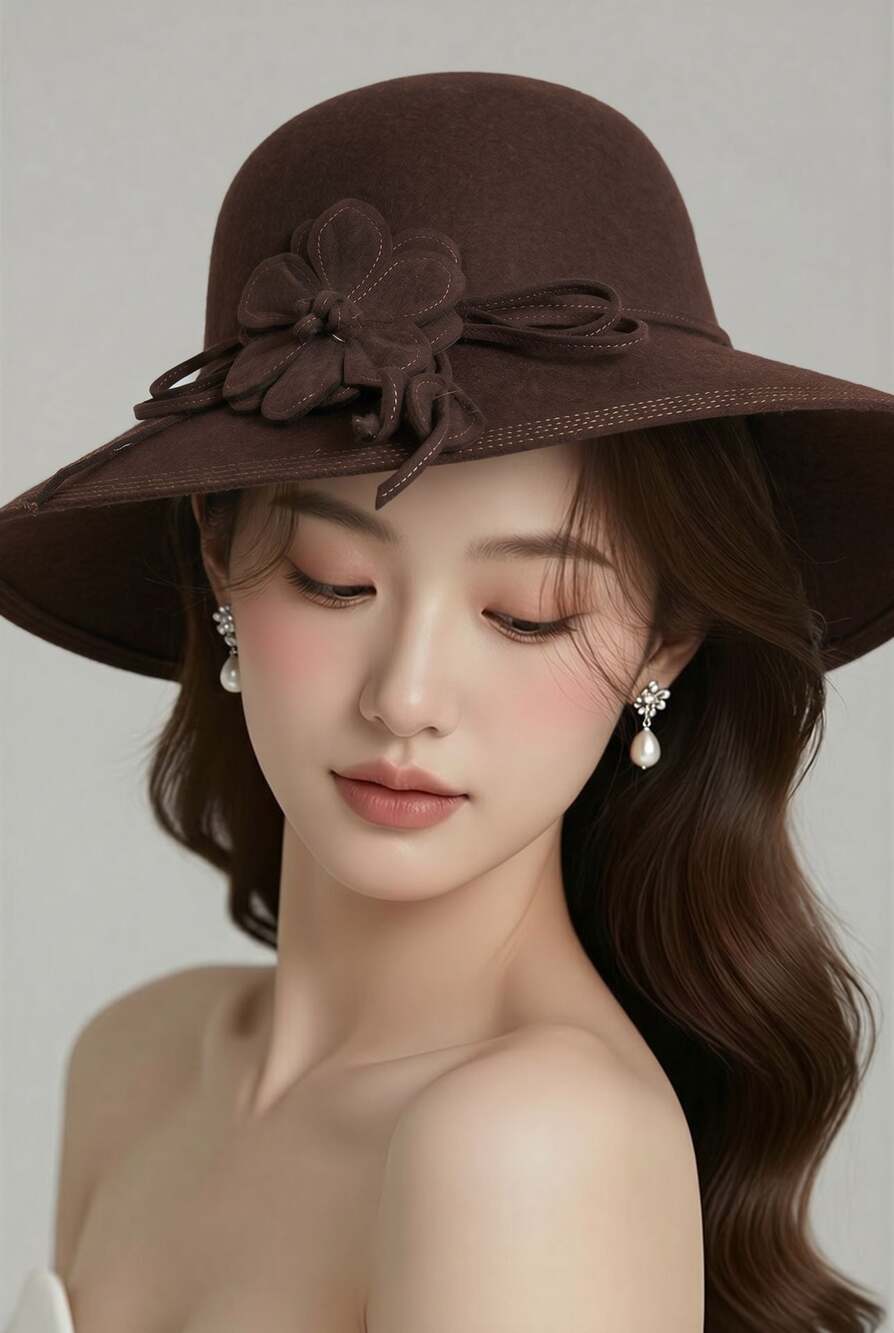 Liz Claiborne Crazy Horse Boho Brown Wool Floppy Hat with Flower and Gold Trim